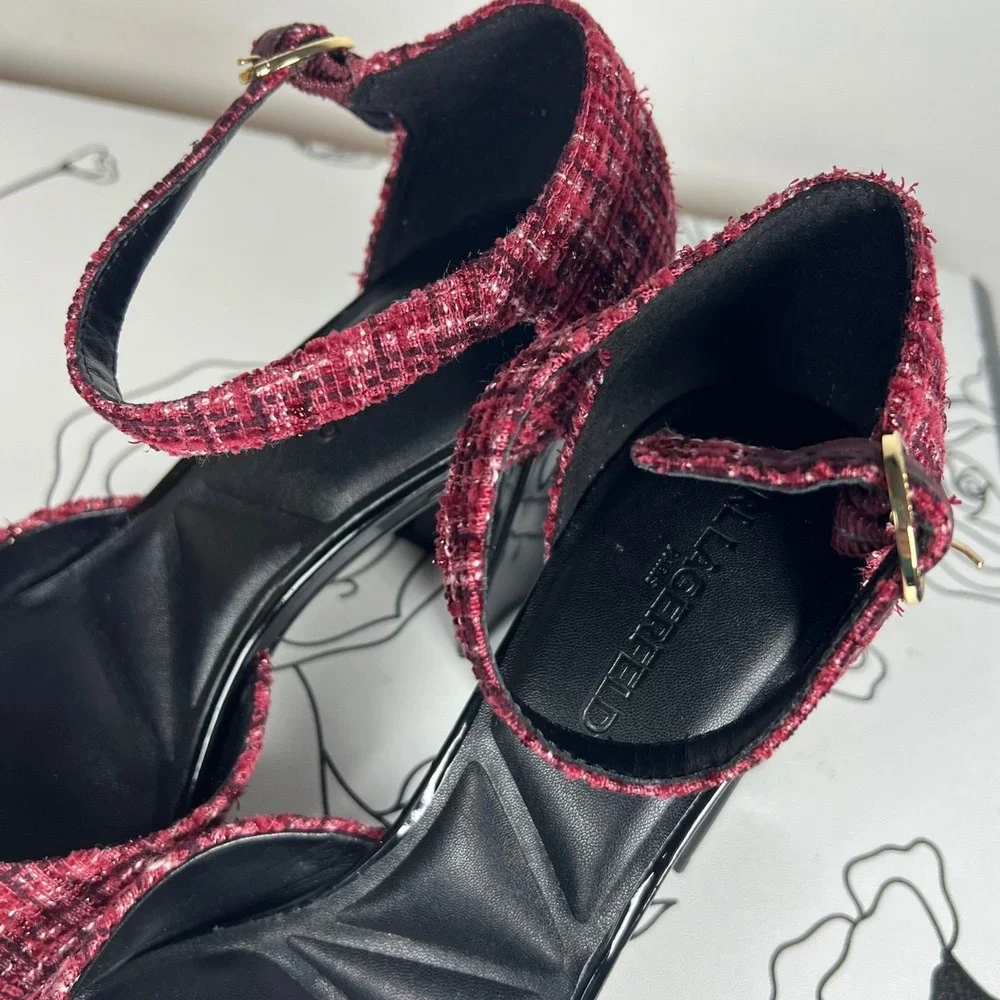 Karl Lagerfeld Paris Sapphira Tweed Cap Toe Block Heel Pumps Burgundy 8.5M